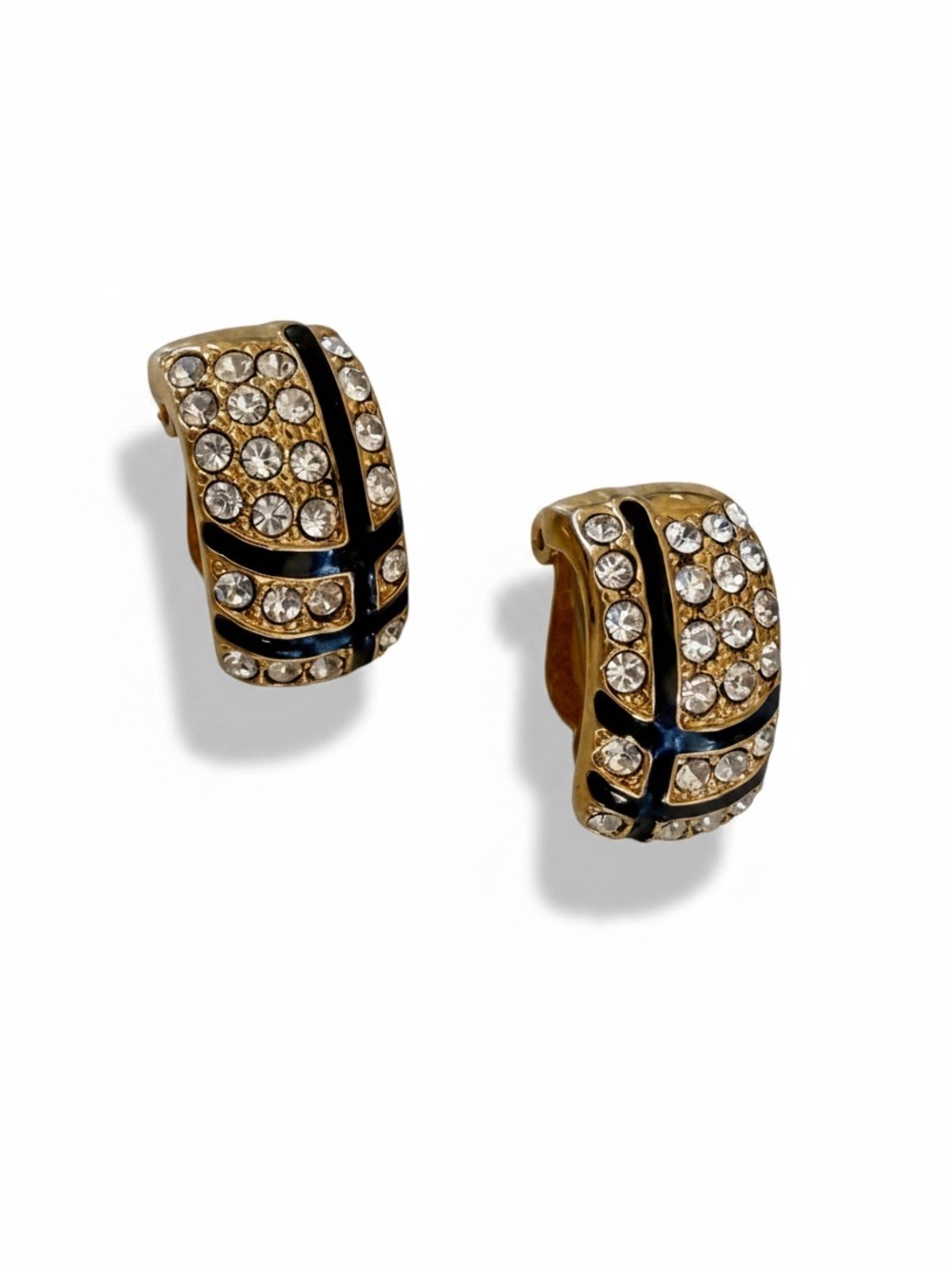 Vintage Rhinestone and Black Gold Tone Clip On Earrings
